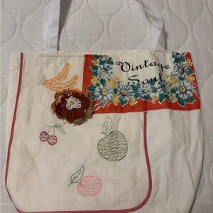 Vintage Linen Embroidered Floral Tote Bag - Cream and Yellow